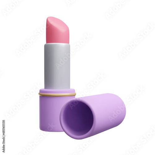 3D lipstick vector illustration isolated on white. Cute cartoon style pink lip balm with lying lipstick cap. 3D beauty cosmetic product packaging realistic render. Skincare lip treatment.