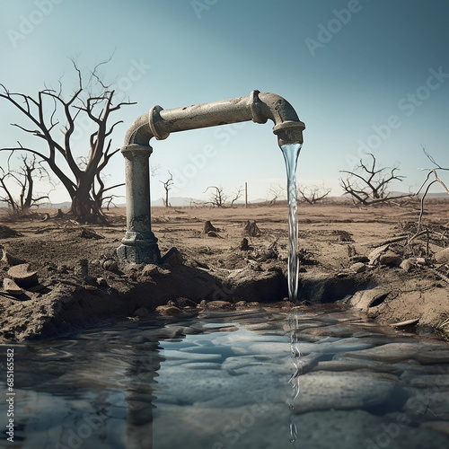 Dry cracked desert with old water pipe. Water scarcity concept.