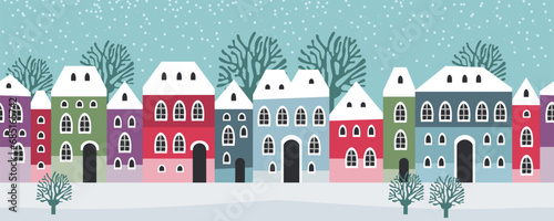 Seamless pattern winter landscape, Celebrating Christmas and New Year. Panorama. Seamless border with winter cityscape. Snowy night in a cozy city. Winter Christmas Village NIGHT landscape.
