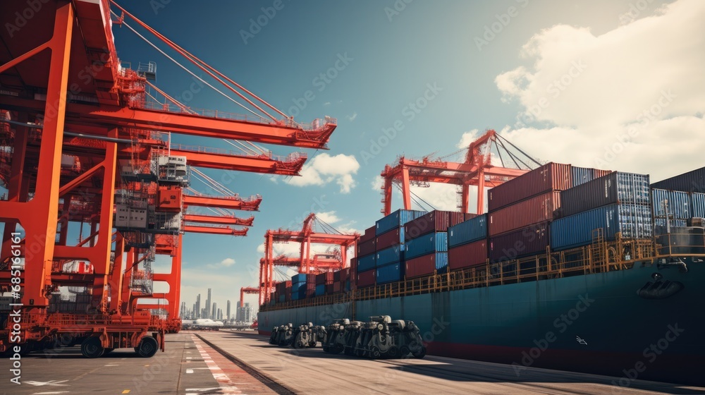 Naklejka premium aerial view of Logistics and transportation of Container Cargo ship with working crane bridge in shipyard , logistic import export and transport industry background