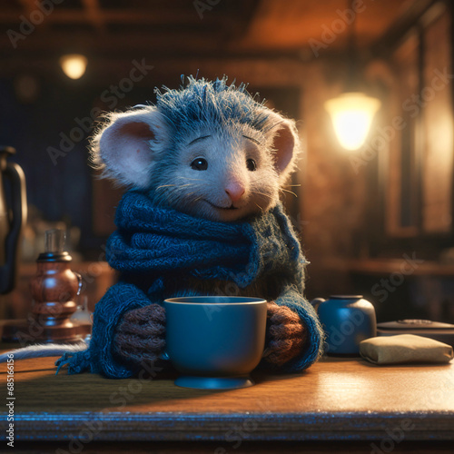 Tiny cute adorable furry Arlis wearing a knitted blue scarf photo