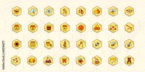 Honey icon set vector. Bee, flower, honey jar, spoon, bear, bee hive. Beekeeping products, symbols.