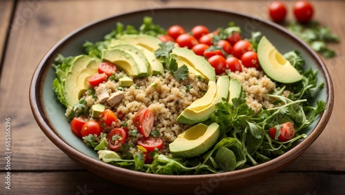 Healthy salad bowl with quinoa, tomatoes and avocado