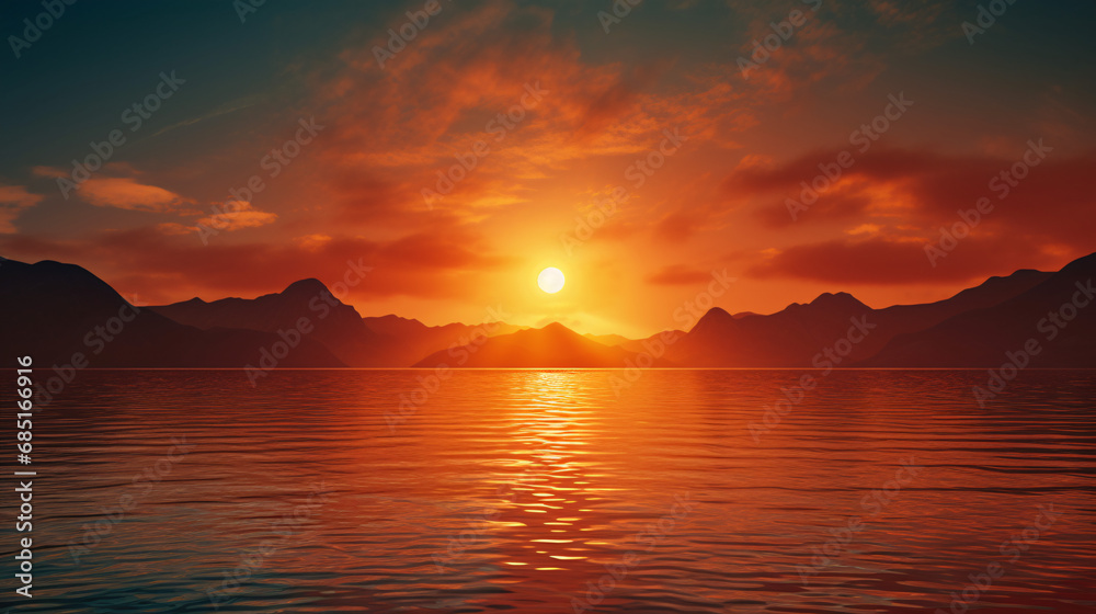 Sunrise Reflections: Tranquil Background Overlooking a Picturesque River or Sea.