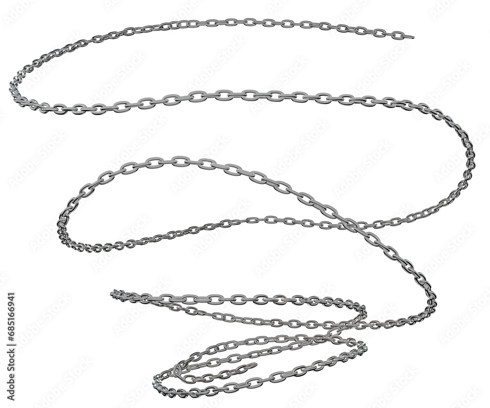 A 3D representation of a steel chain entwined in intricate and twisted spirals, isolated on a transparent background in PNG format. A 3D representation of a steel chain entwined in intricate and twisted spirals, isolated on a transparent background in PNG format.