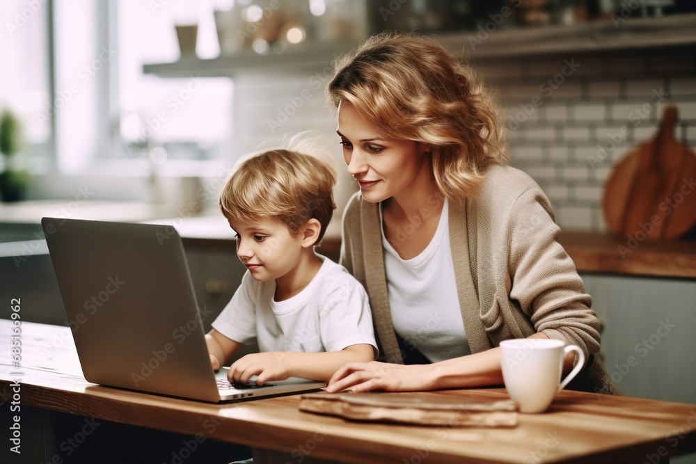 mother and child boy using laptop mother and child boy using laptop