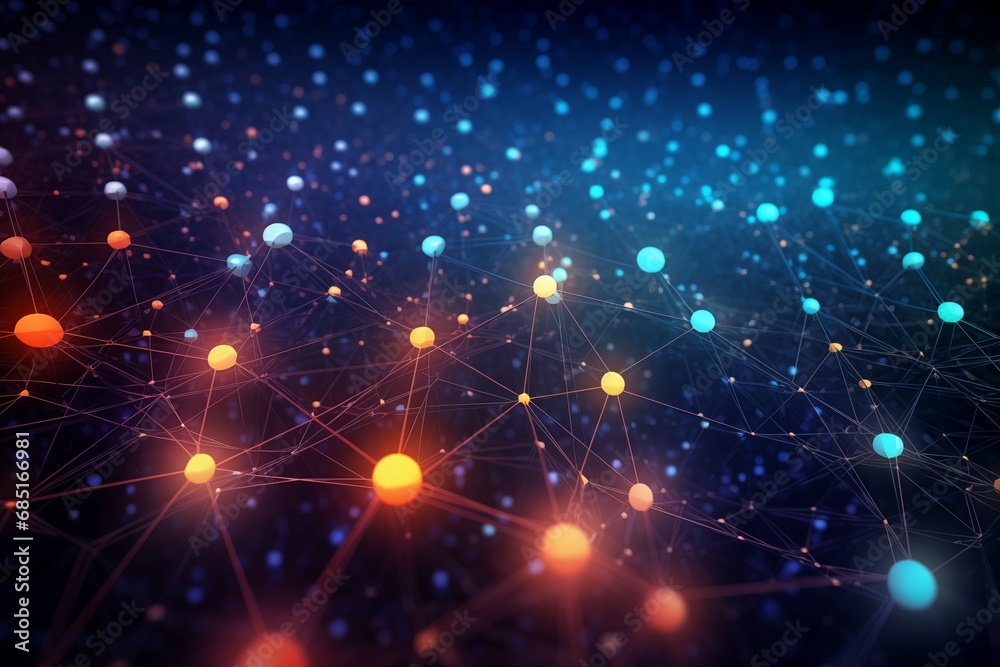 Fototapeta premium An abstract image of a colorful internet network of connected dots and lines on a black background, artificial intelligence