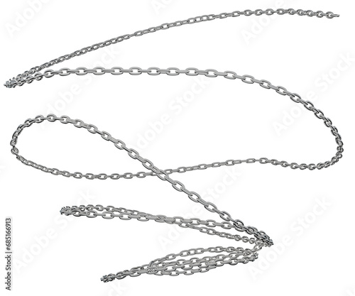 A steel chain intricately curled into twisted spirals in this 3D depiction, isolated on a transparent background and available in PNG format.