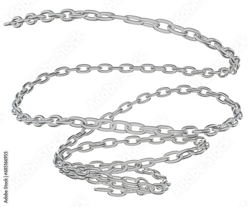  A 3D depiction of a steel chain intricately coiled into distorted and twisted spirals, presented on a transparent background in PNG format.