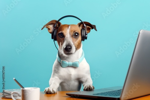 Cute dog working as a online supporter, concept of Professional assistant