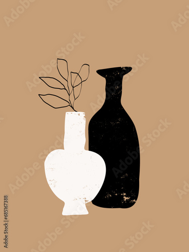 Modern botanical art prints with hand-drawn clay vases and jugs. Neutral colors textured ceramics design elements.
