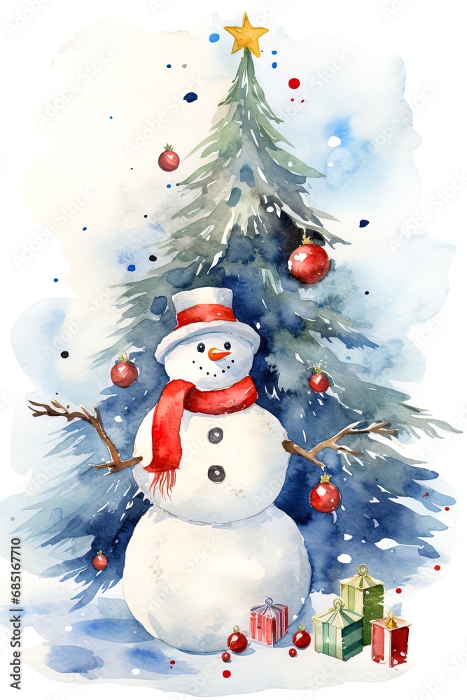 A watercolor painting depicting a Snowman and a Christmas tree, conveying the cheerful spirit of a Merry Christmas and New Year. Postcard, Banner, Calendar