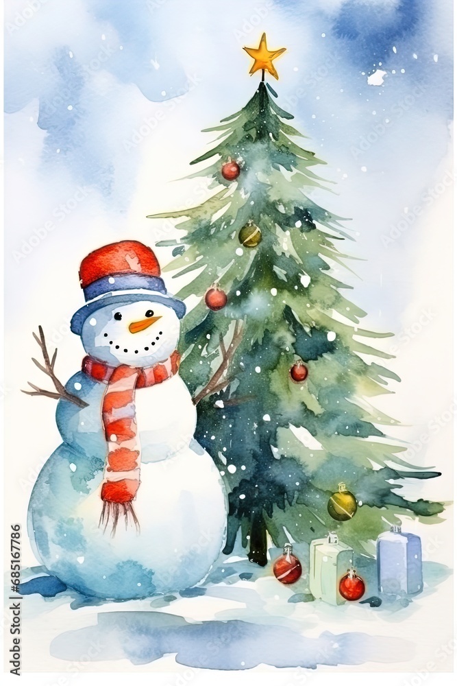 A watercolor painting depicting a Snowman and a Christmas tree ...