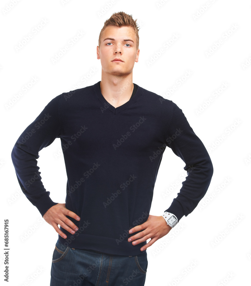 Man, fashion and casual style with portrait, serious and isolated on white studio background. Fashionable, wall or trendy with clothes, standing or hands on waist, face and young with confidence Man, fashion and casual style with portrait, serious and isolated on white studio background. Fashionable, wall or trendy with clothes, standing or hands on waist, face and young with confidence