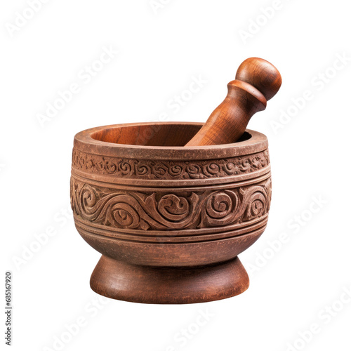 Carved wood mortar and pestle. Isolated on transparent background. photo