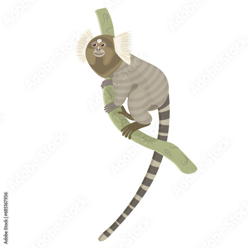 Cartoon wild marmoset, happy jungle monkey, exotic tropical animal. Spotted grey and brown color. Macaque, chimpanzee, primate character. Isolated on white background. Vector illustration