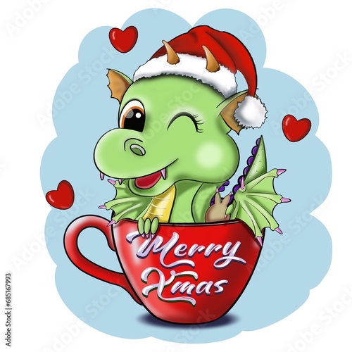santa claus and christmas redcup. Illustration: Cartoon drawing of a Christmas dragon. Girl dragon wearing a Santa Claus hat in a coffee mug. Red letters, Merry Xmass, Christmas festival. red heart.
