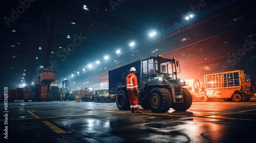 worker in container yard using tablet for loading cargo container ship working with crane in ship yard