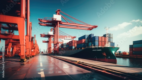 sci-fi high technology robotic AI activity for loading cargo container ship working with crane in ship yard