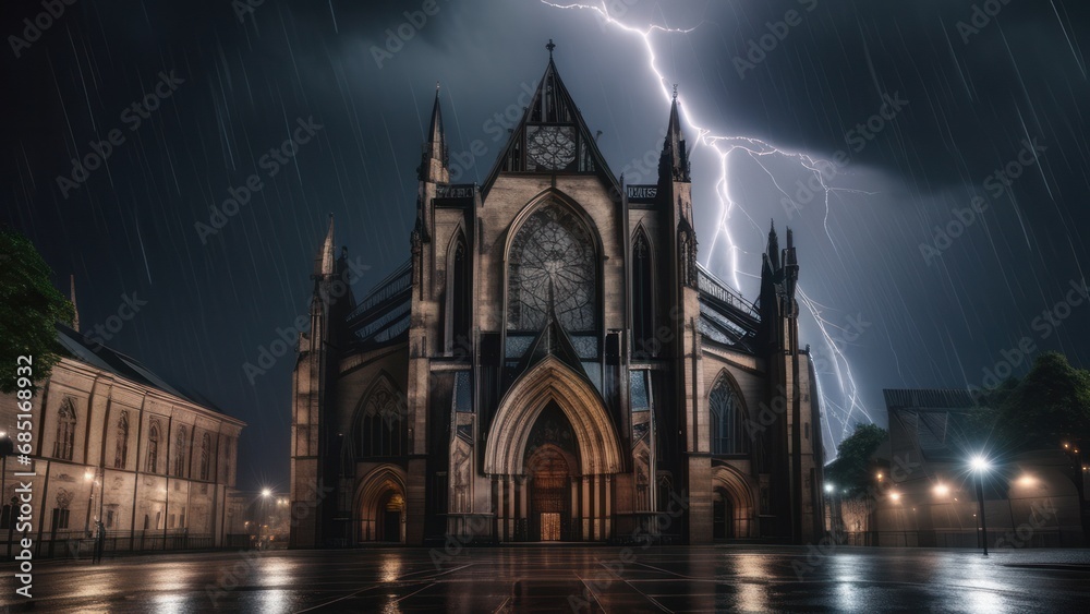 Beautiful cathedral in the storm with the lightning in the background Beautiful cathedral in the storm with the lightning in the background