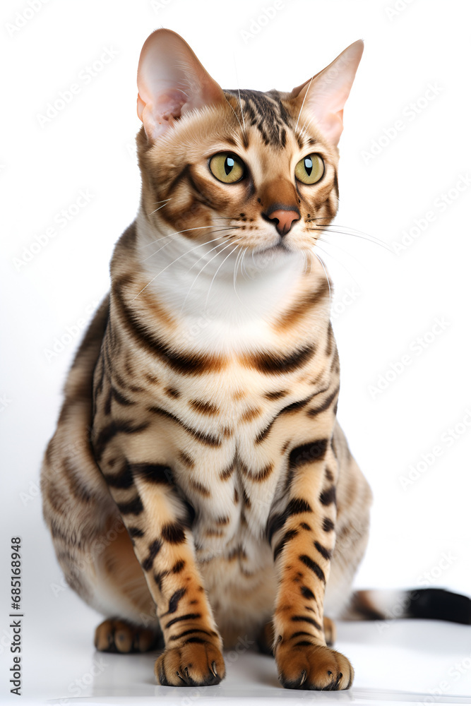 Obraz premium Spotted bengal cat on a white background