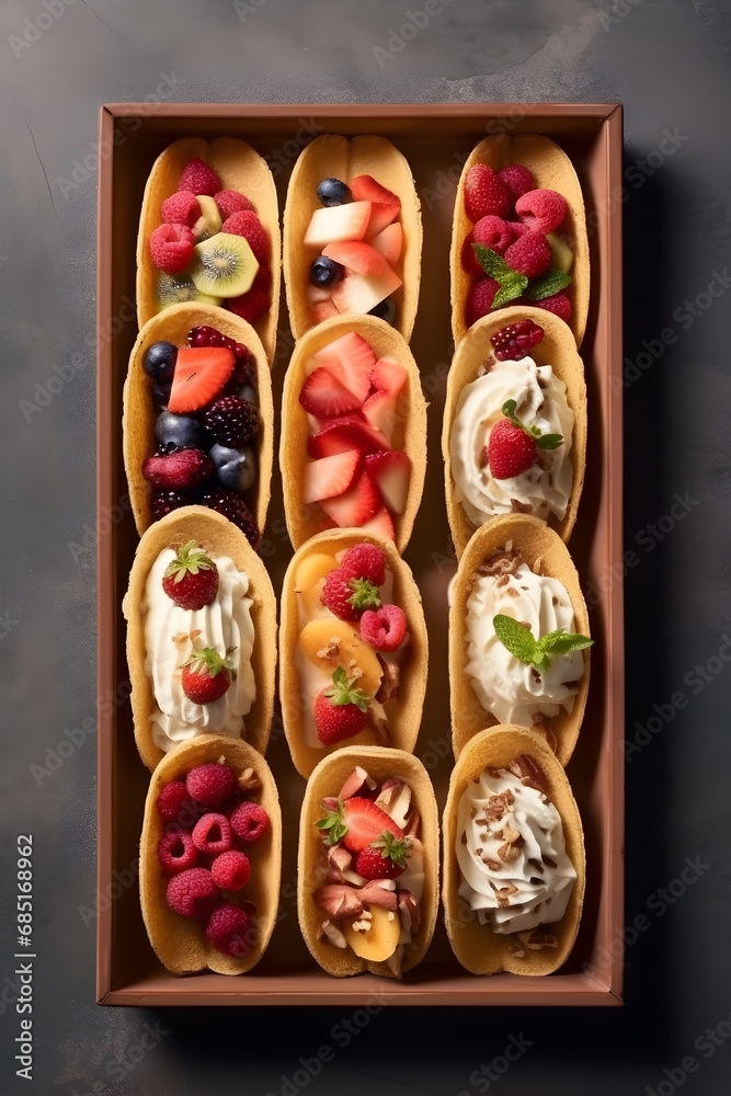 A tray with dessert tacos filled with ice cream, fruits and toppings