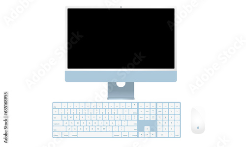 Model Apple imac 24 inches blue color with a set of magic mouse and magic keyboard from the Apple company vector graphics eps10