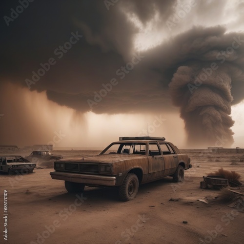 Post-apocalyptic scene, rusty cars in the desert