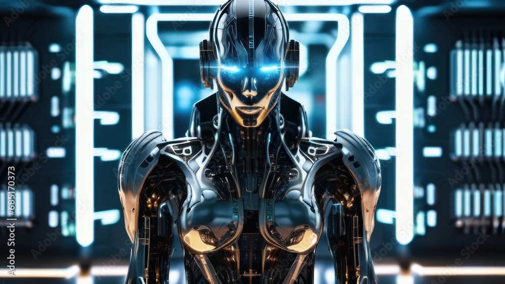 Image of a cyborg in a futuristic setting Image of a cyborg in a futuristic setting