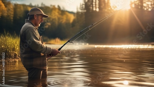 Fisherman fishing on lake or river. Picture of man doing active fishing with holding rod in hand. Stand alone in middle of river or lake. Serious concentrated guy fishing.