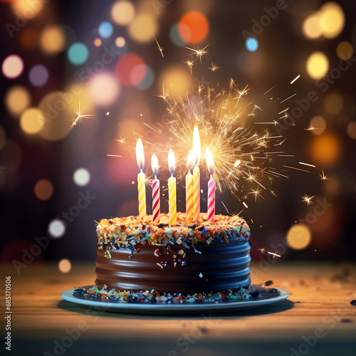 Decorated Chocolate Celebration Cake For Birthday Or Party With Lit Candles And Sparklers Generative AI