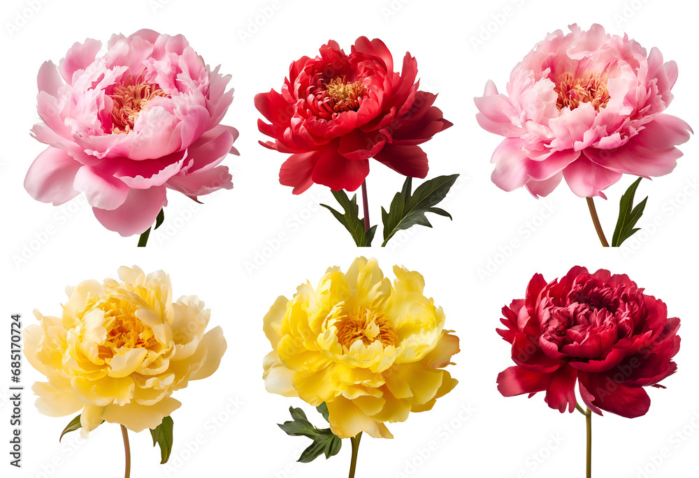Red, Yellow, and Pink Peony Flowers: A Colorful Set for Weddings and Valentine’s Day, Isolated on Transparent Background, PNG