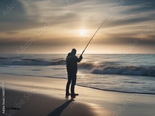 Fisherman fishing on lake or river. Picture of man doing active fishing with holding rod in hand. Stand alone in middle of river or lake. Serious concentrated guy fishing.