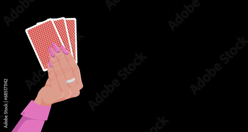 Playing poker card in woman hand. Blindfold pick and check. Gambling in royal casino, lucky entertainment, play blackjack game. Dark background. Vector illustration