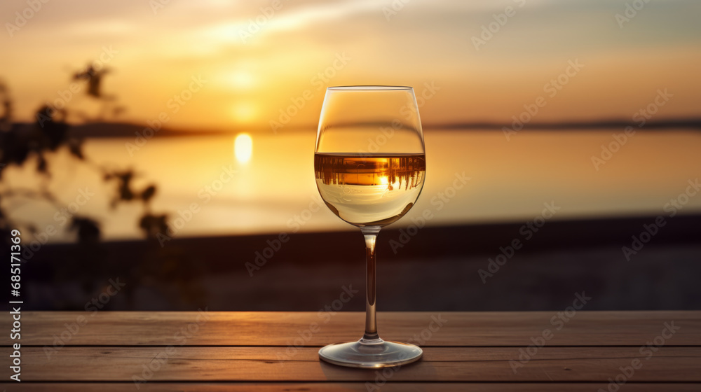 lass of white wine on a table in a beach cafe