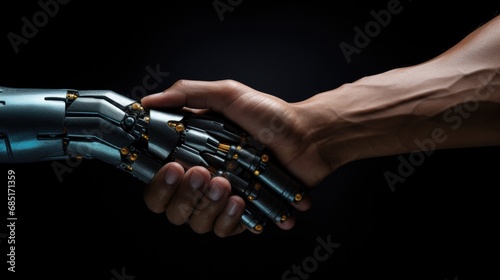 businessman shake hand in digital ai tranforms with robot ai hand arm