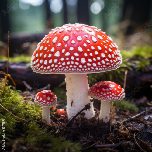 Amanita muscaria or fly agaric is a red and white spotted poisonous