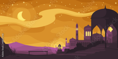 Traditional arabian mosque in sand dune desert. Night and sunset in Sahara. Islamic muslim temple, traveling and pilgrimage across middle east. Scenic landscape. Vector illustration