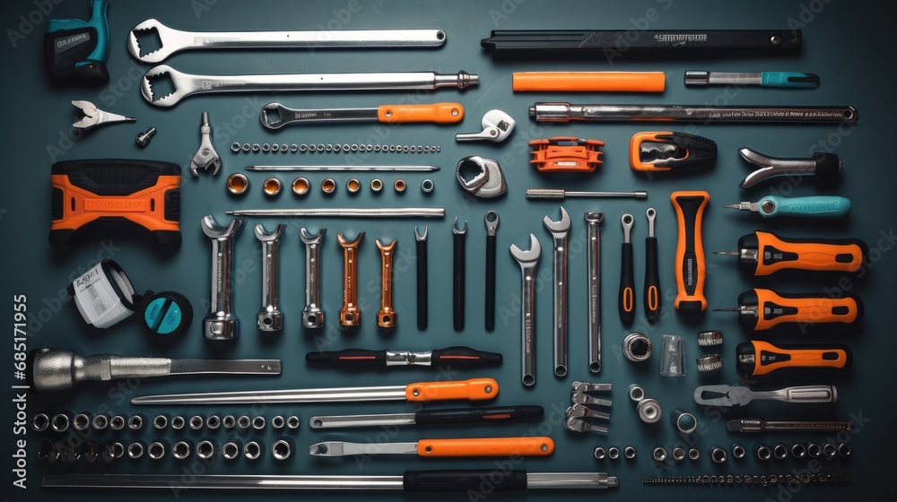 flat lay of engineer mechanic power tools on the table flat lay of engineer mechanic power tools on the table