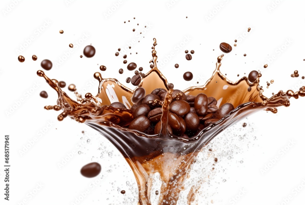 Fototapeta premium coffee chocolate splash with coffee beans isolated on white background. generative ai