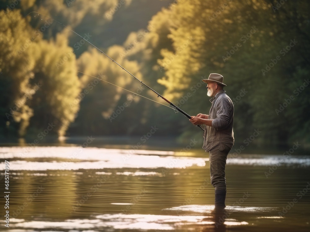 Fisherman fishing on lake or river. Picture of man doing active fishing with holding rod in hand. Stand alone in middle of river or lake. Serious concentrated guy fishing. Fisherman fishing on lake or river. Picture of man doing active fishing with holding rod in hand. Stand alone in middle of river or lake. Serious concentrated guy fishing.