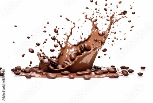 coffee chocolate splash with coffee beans isolated on white background. generative ai