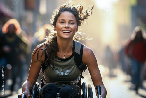 A woman sitting in a wheelchair takes part in a wheelchair marathon at the paraathlete Summer Sports Games. photo