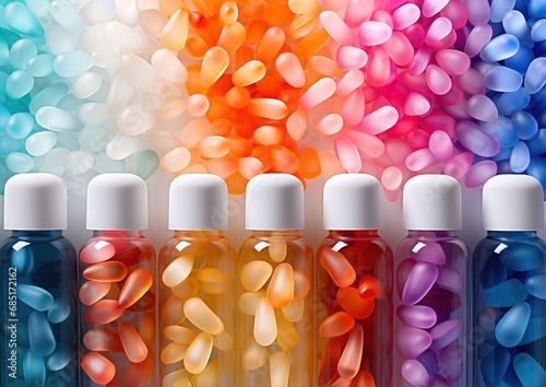 Bright set of bottles with medicines and pills: colorful image of healthcare and pharmaceuticals
