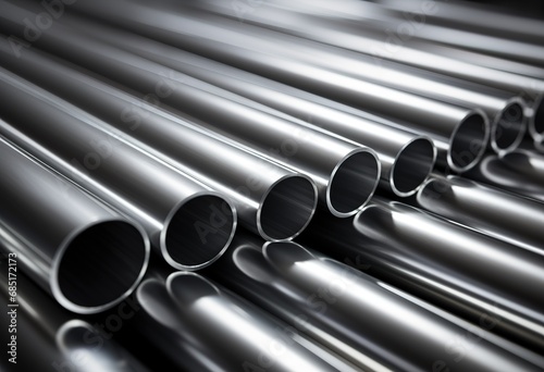 Industrial aesthetic: close-up of shiny metal pipes laid diagonally