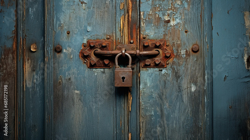 Cadenas rouillé fermant une vieille porte de bois bleu photo