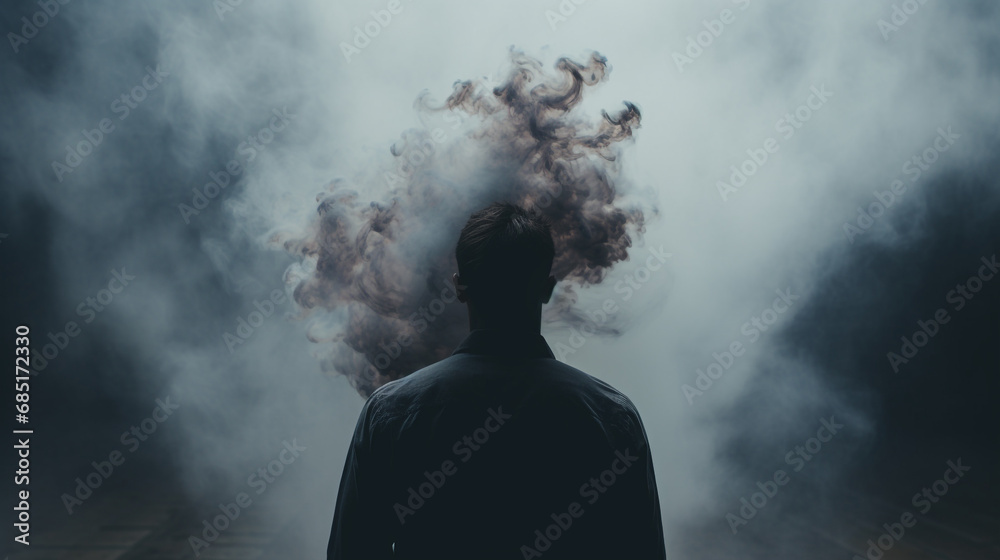 Fumée et silhouette d'homme - obrazy, fototapety, plakaty 
