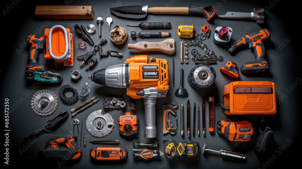 flat lay of engineer mechanic power tools on the table flat lay of engineer mechanic power tools on the table