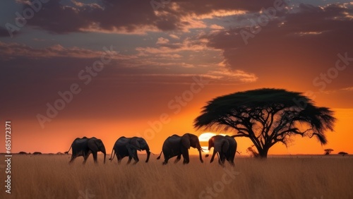Elephants in the setting sun in the savanna
