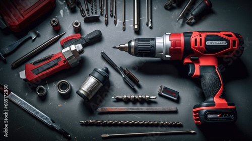flat lay of engineer mechanic power tools on the table